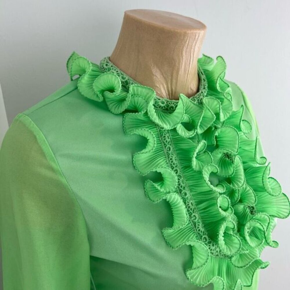 Vintage Young Con tempo’s Women's XS S Green Regal Ruffled Blouse Shirt Frill - Picture 3 of 16